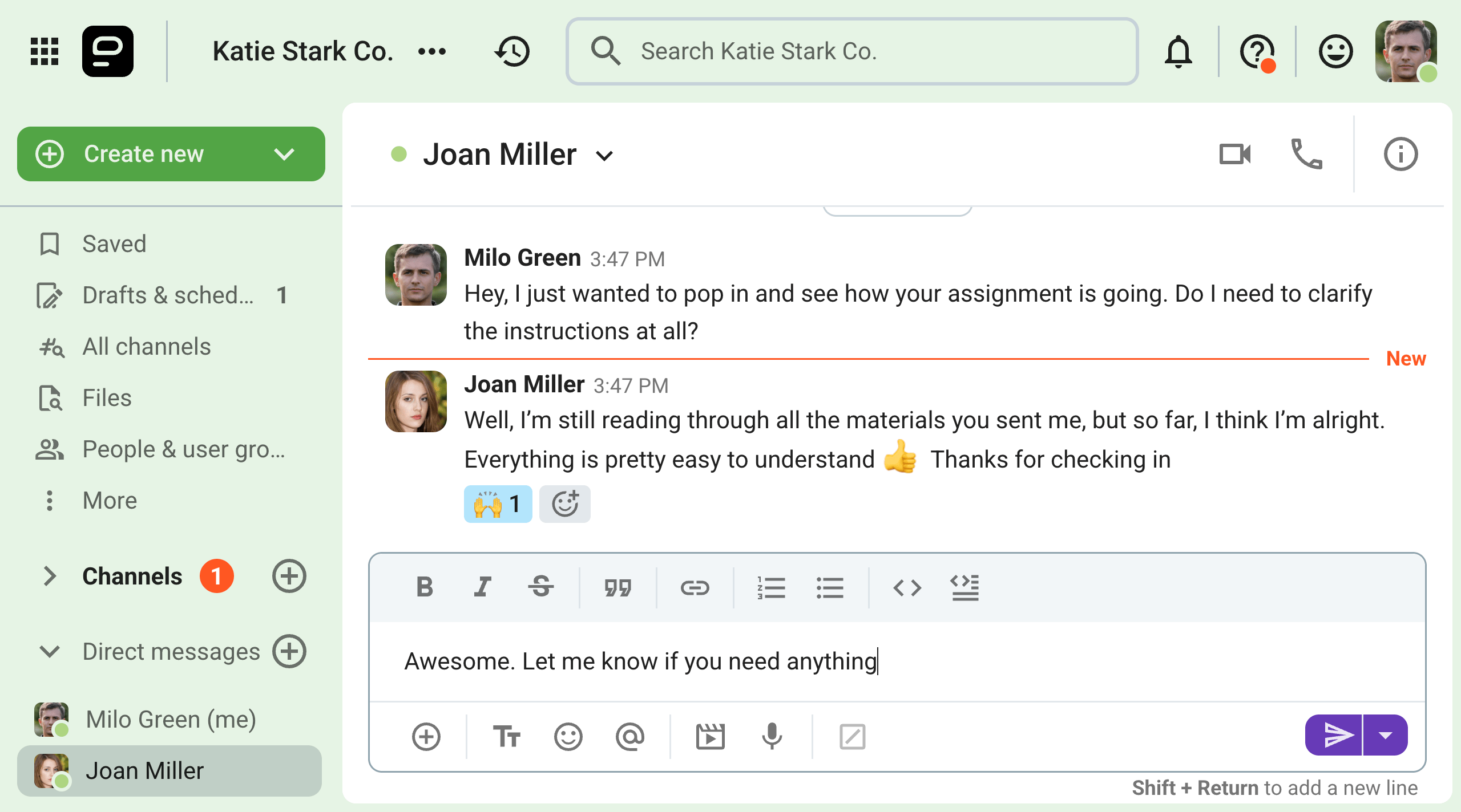 Milo offers to clarify Joan’s assignment instructions on Pumble, the team communication app