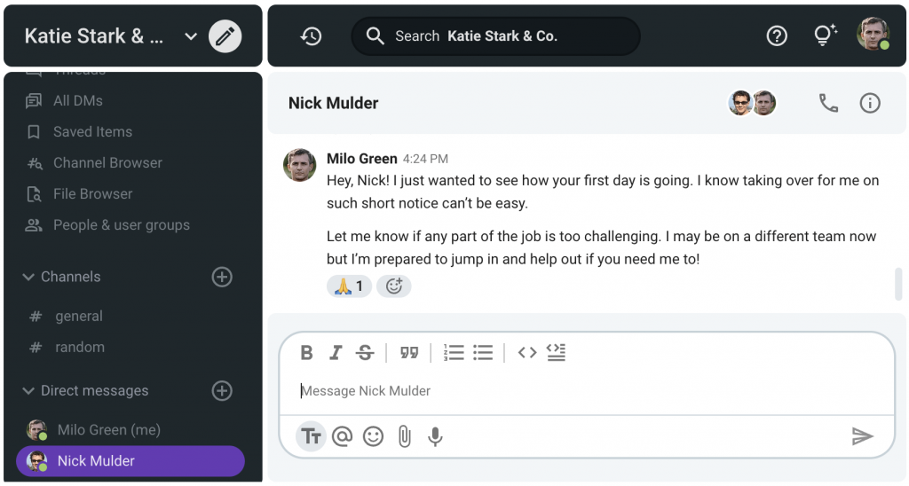 Milo offers to support Nick on Pumble, a business messaging app