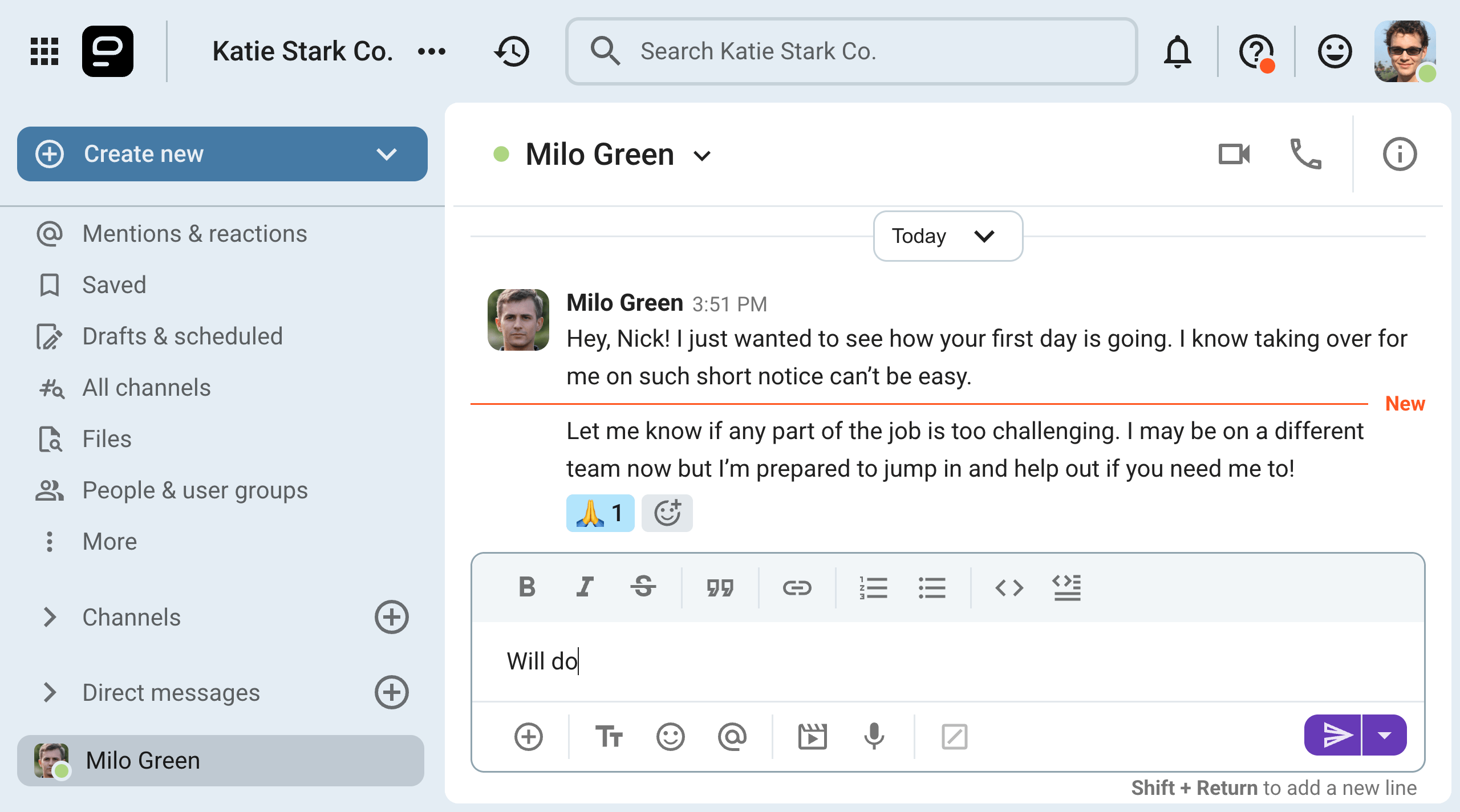 Milo offers to support Nick’s transition to a new role on Pumble, the team communication app