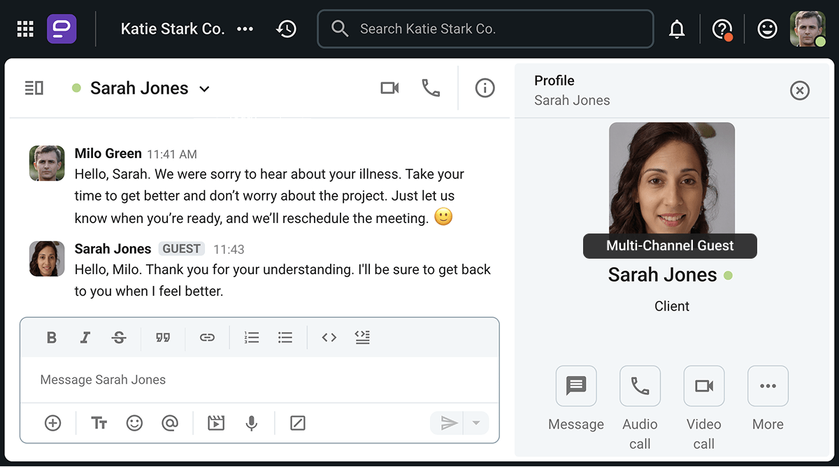 Milo sent his get-well wishes to a client with a guest account on Pumble, the business messaging app