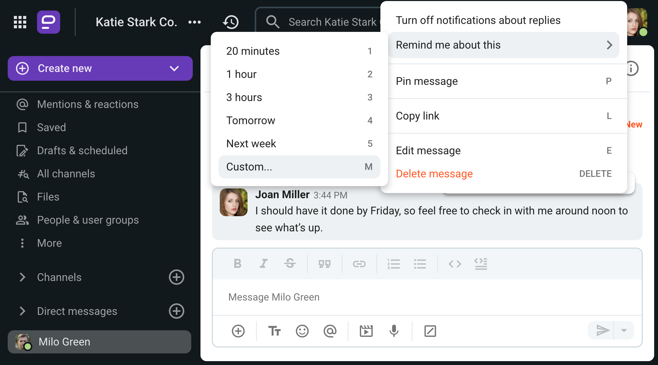 Milo uses the reminder feature on Pumble, the business messaging app
