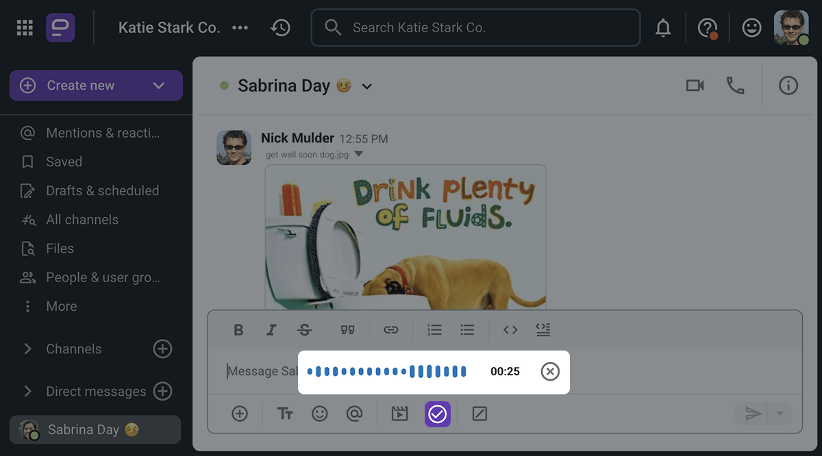 Nick sends Sabrina a voice message to accompany a funny “get well soon” card on Pumble, the business messaging app