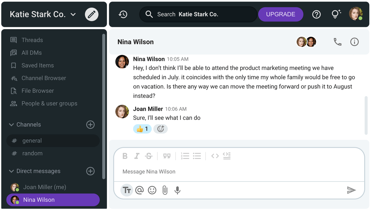 Nina asked Joan about rescheduling a meeting that coincides with her vacation on Pumble, a business communication app
