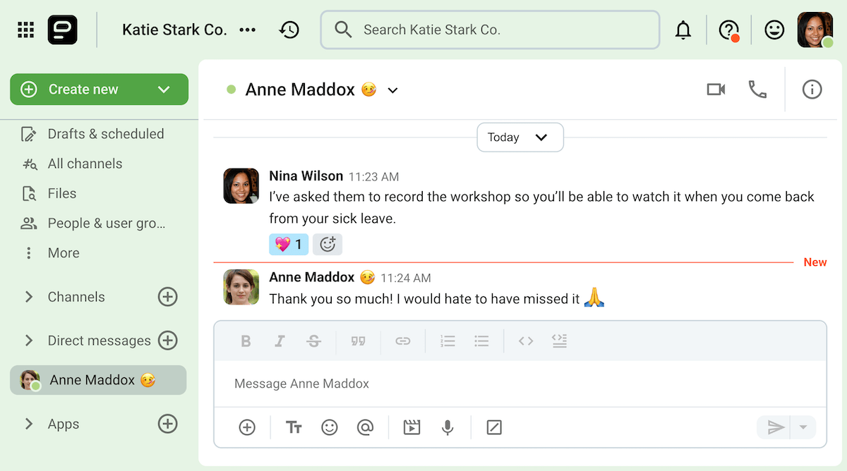 Nina informed Anne that she’d be able to watch an upcoming workshop after she comes back from her sick leave on Pumble, the team communication app