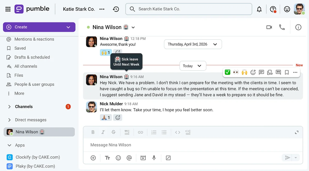 Nina suggested coworkers who can replace her at a meeting on Pumble, a business messaging app