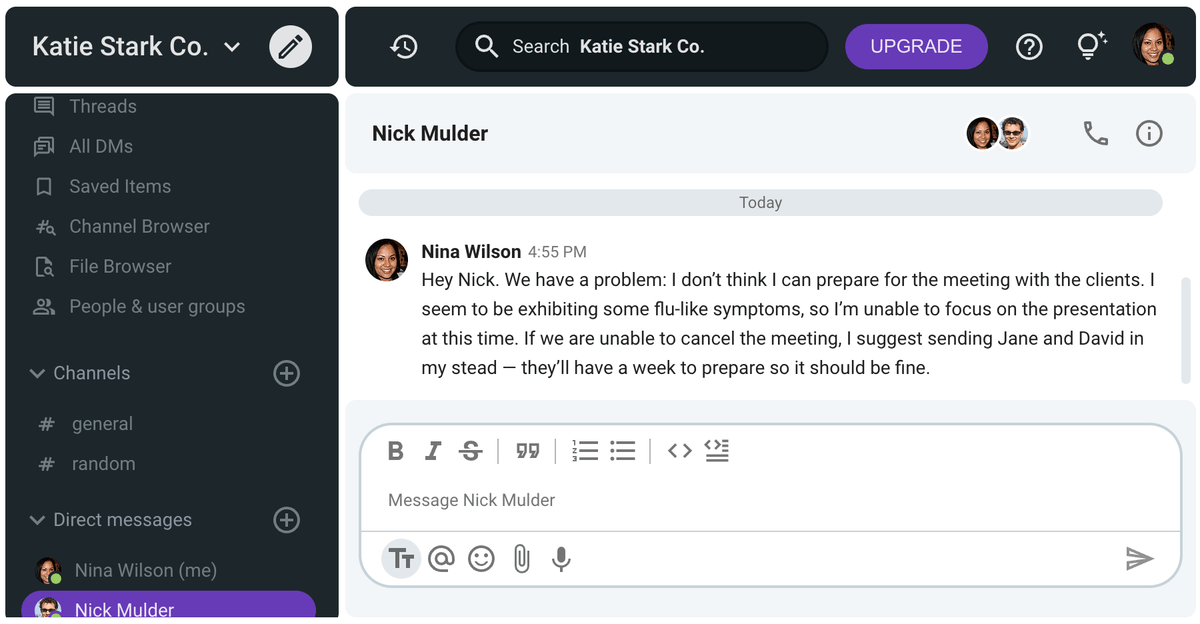 Nina suggested coworkers who can replace her at a meeting on Pumble, a business messaging app
