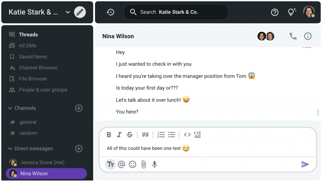 Nina’s excitement prompts her to send many short messages on Pumble, a team messaging app