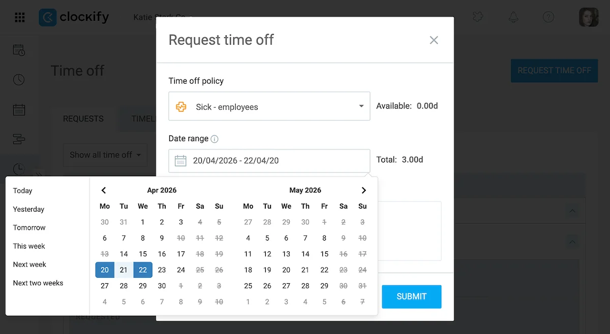 Requesting sick leave through Clockify, the time tracking software