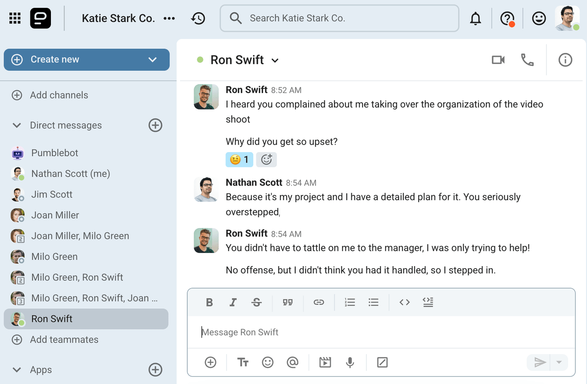 Ron sends a rude message to his coworker on Pumble, a business communication and collaboration app