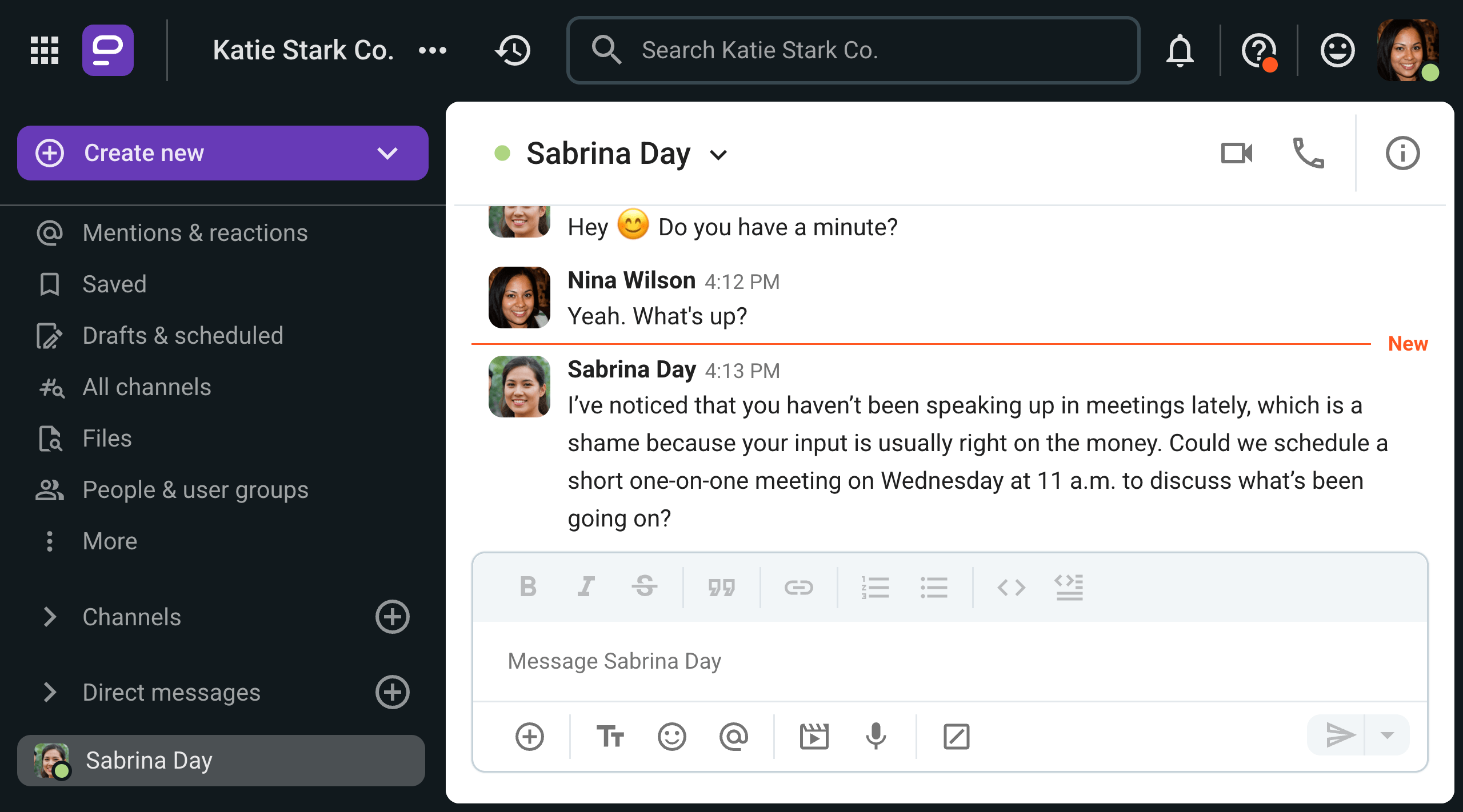 Sabrina suggests a meeting to discuss changes in a coworker’s behavior on Pumble, the business messaging app