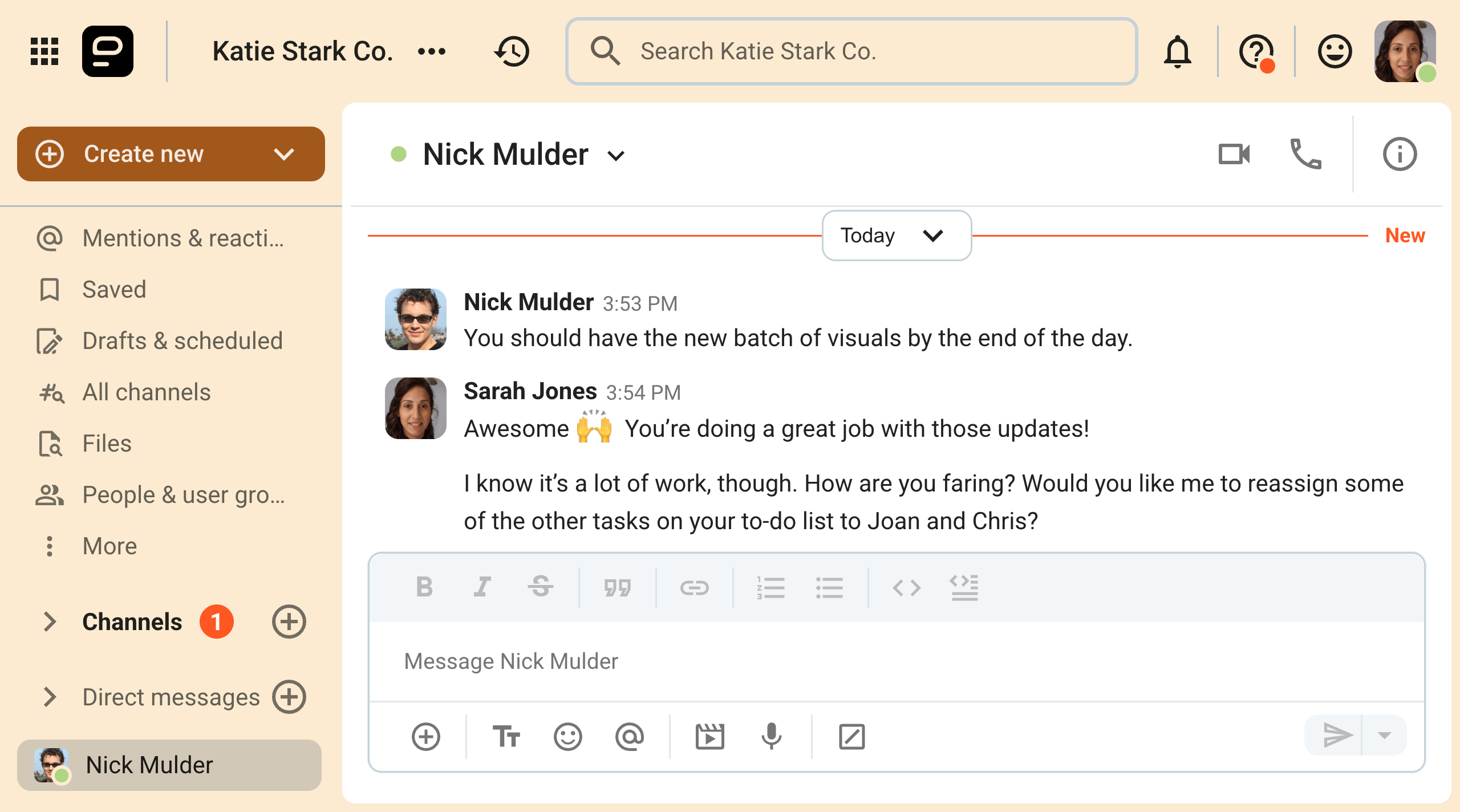 Sarah checks in on Nick and offers to reassign his assignments on Pumble, the team communication app