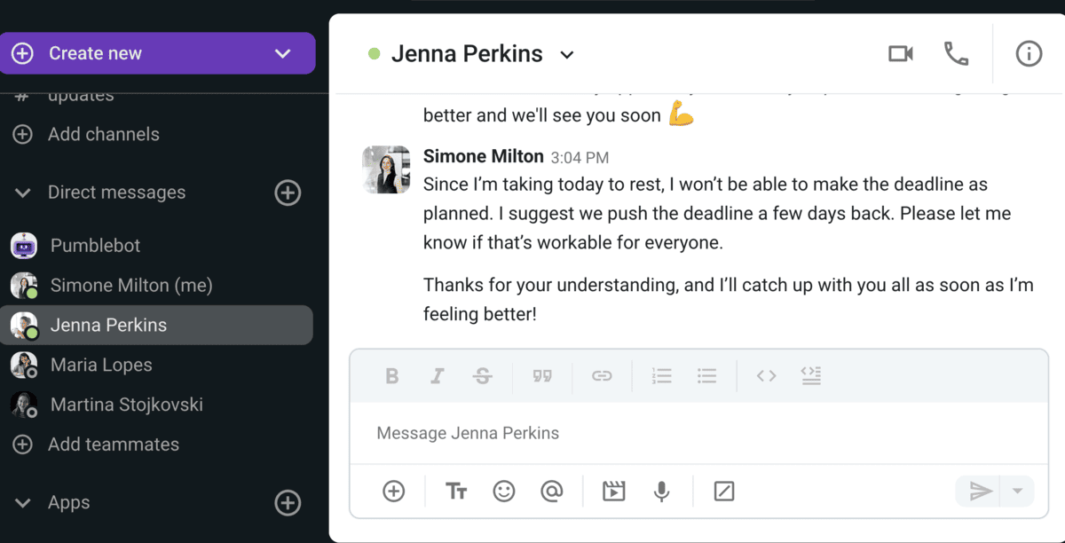 Send a sick leave message and plan for the future in Pumble, a team collaboration app