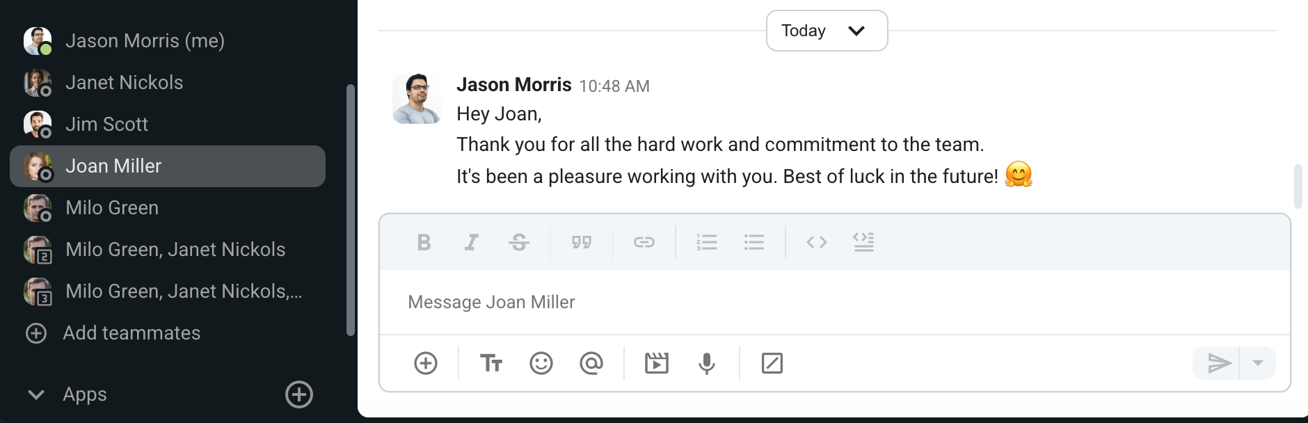 Use Pumble’s direct messages to write a short and sweet goodbye message to a colleague