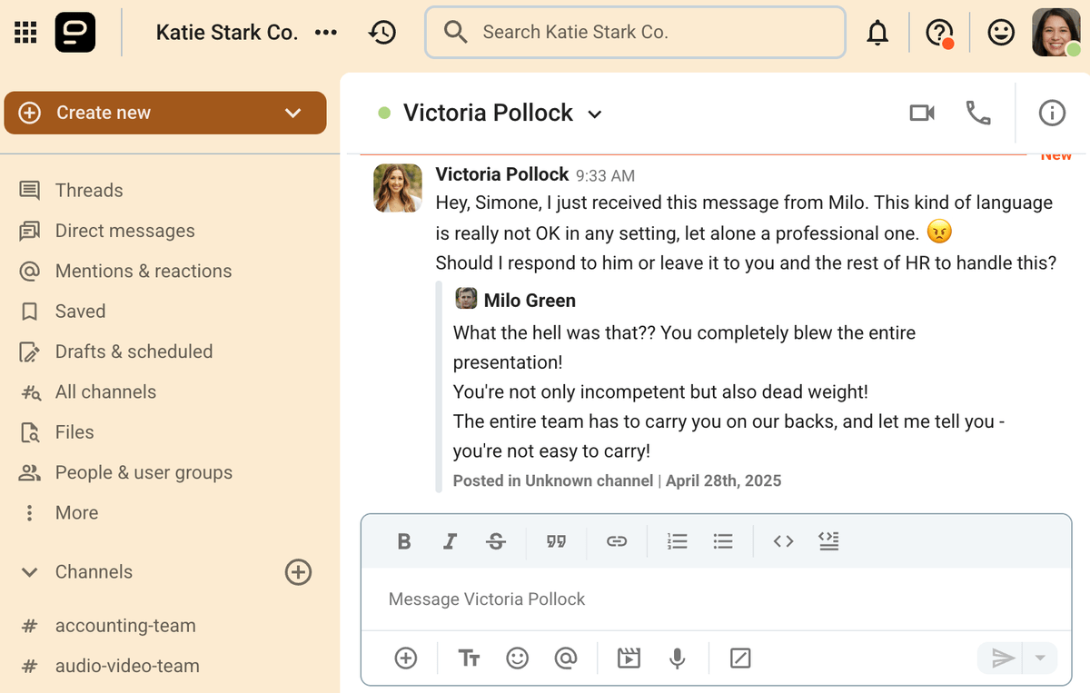 Victoria shares a rude message with Simone from HR over Pumble, a team communication and collaboration app