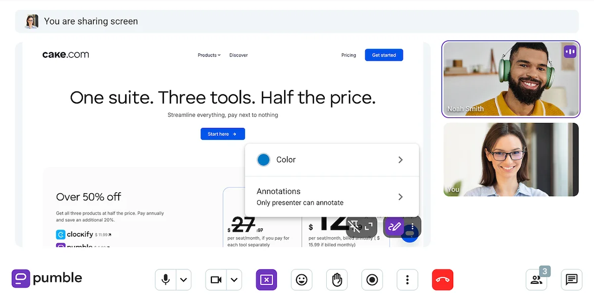 Video conferencing in Pumble, a team communication app