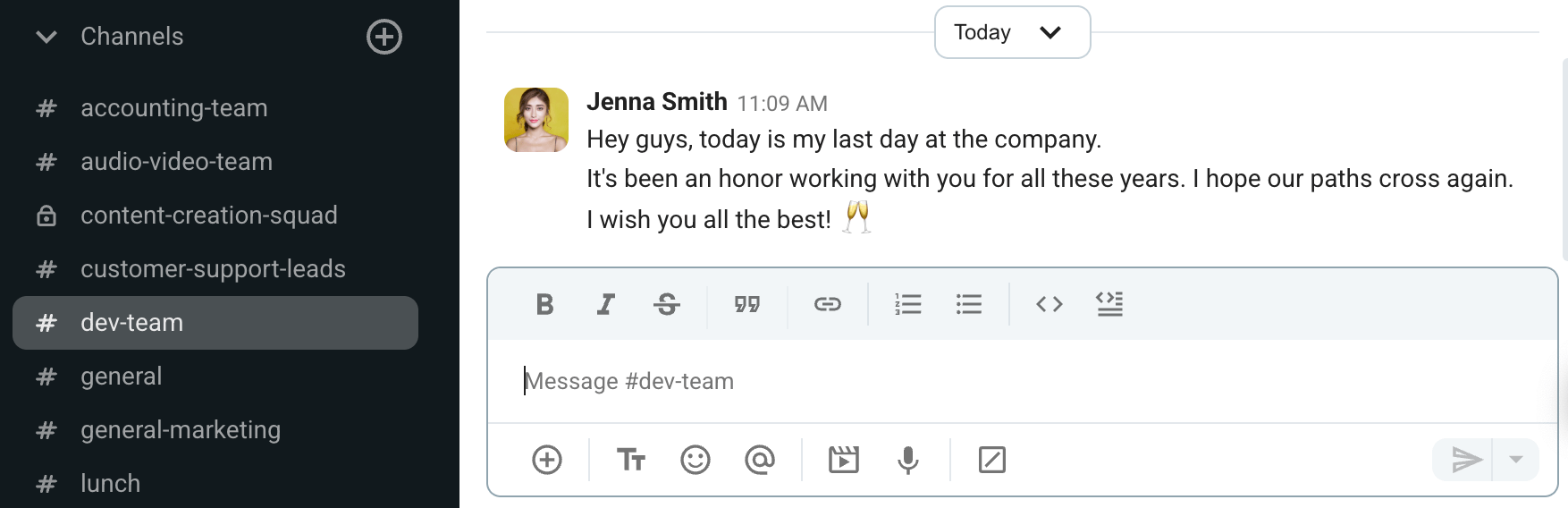You can use Pumble to send your farewell message to the team on your last day