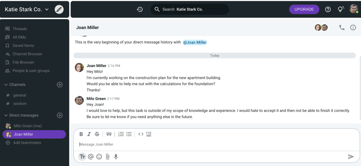 Politely saying the task is outside of your scope of knowledge in Pumble, a team messaging app