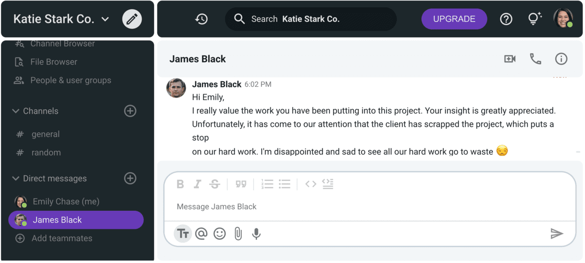 Example of “softening the blow” in a message on Pumble, a business communication app