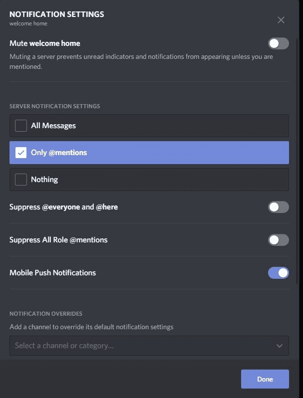 Notification setting in Discord