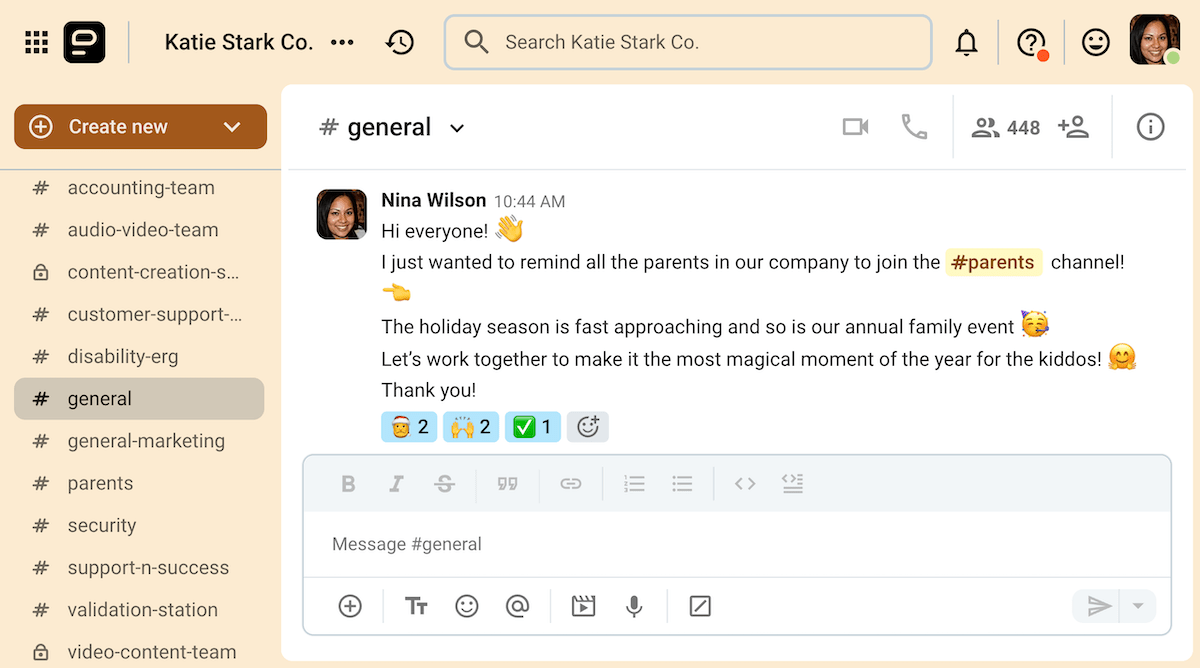 An announcement in the #general channel on Pumble, a team communication app