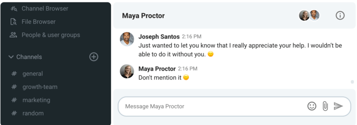 After Joseph thanks Maya for her help via Pumble, a business communication app, she types an informal and friendly reply