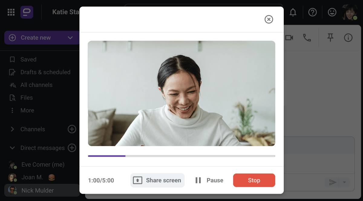 An example of a video message on Pumble, a team communication app