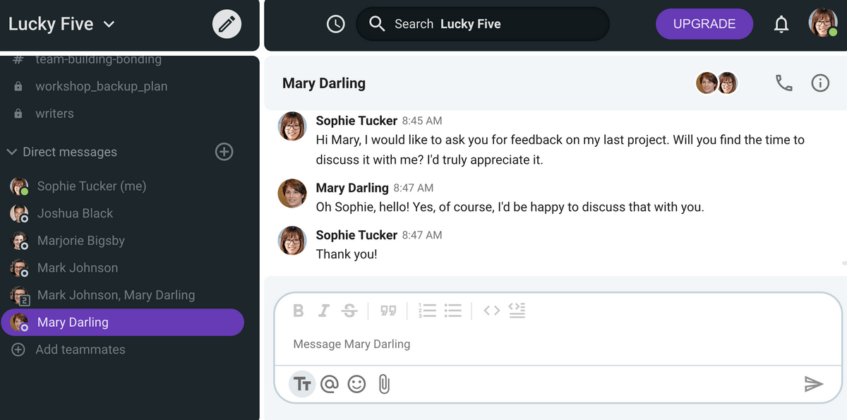 An example of asking a manager for a feedback session in Pumble, a business messaging app