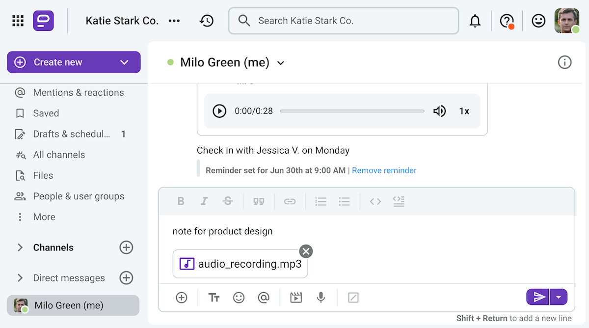 Examples of intrapersonal communication on Pumble, the business messaging app
