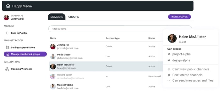 Managing guest access in Pumble, a business communication app