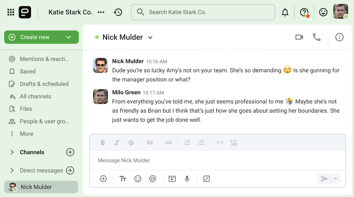 Milo corrects Nick’s misconceptions about an assertive coworker on Pumble, the team communication app