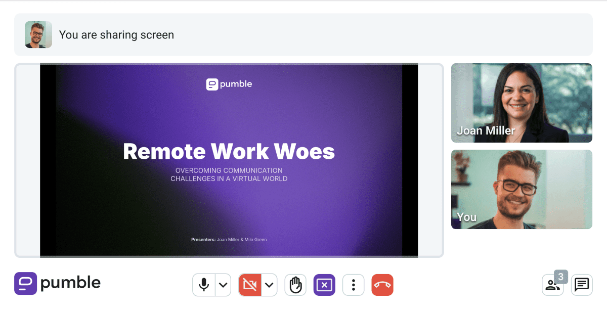 Two coworkers work on a joint presentation over a video call on Pumble, a team communication app