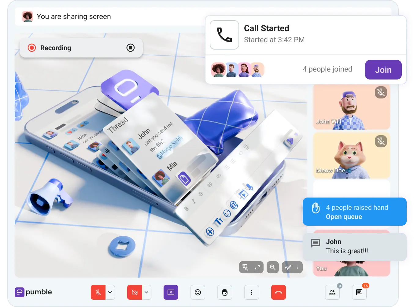 Hold your presentations on Pumble and share your screen easily