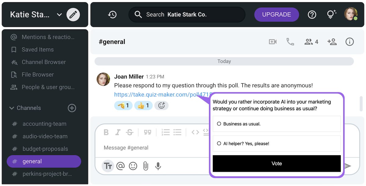 Joan Miller sent an anonymous poll link on Pumble, the business messaging app
