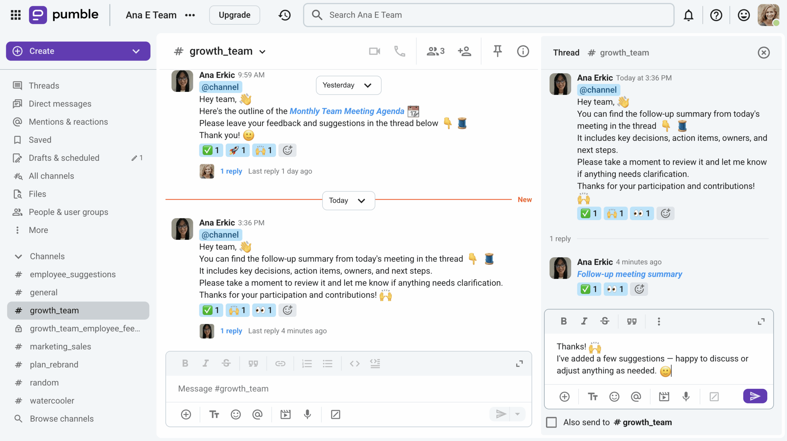 Posting a meeting summary in a thread in Pumble, a business communication app 