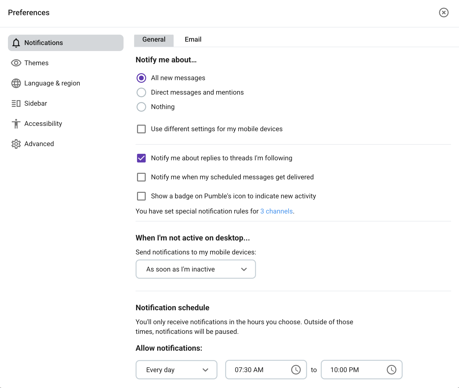 Pausing notifications in Pumble, a business communication app 