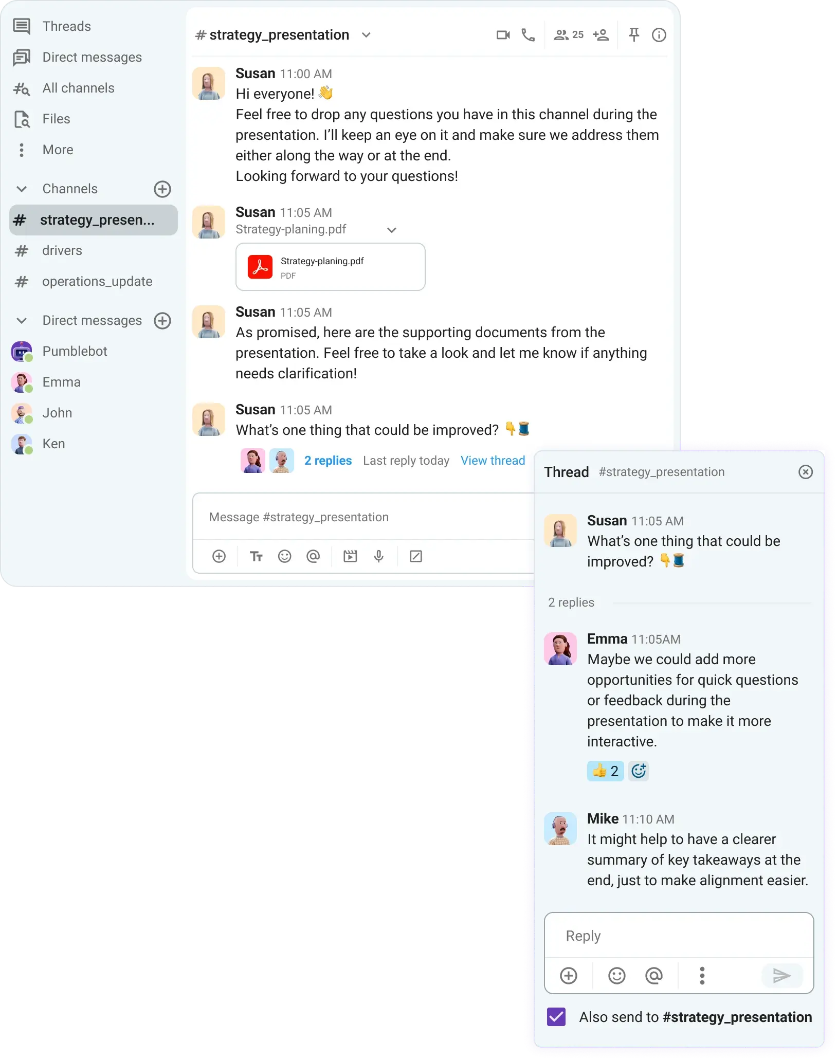 Keep your feedback conversations organized with Pumble threads  