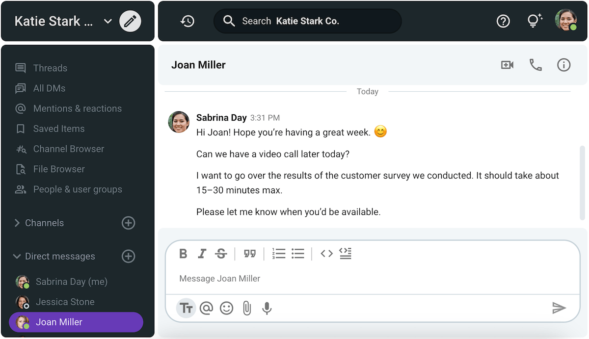 Sabrina is issuing a meeting invitation on Pumble, a business messaging app