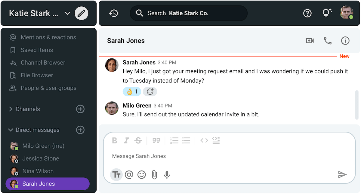 Sarah has asked Milo to reschedule a meeting on Pumble, a team communication app