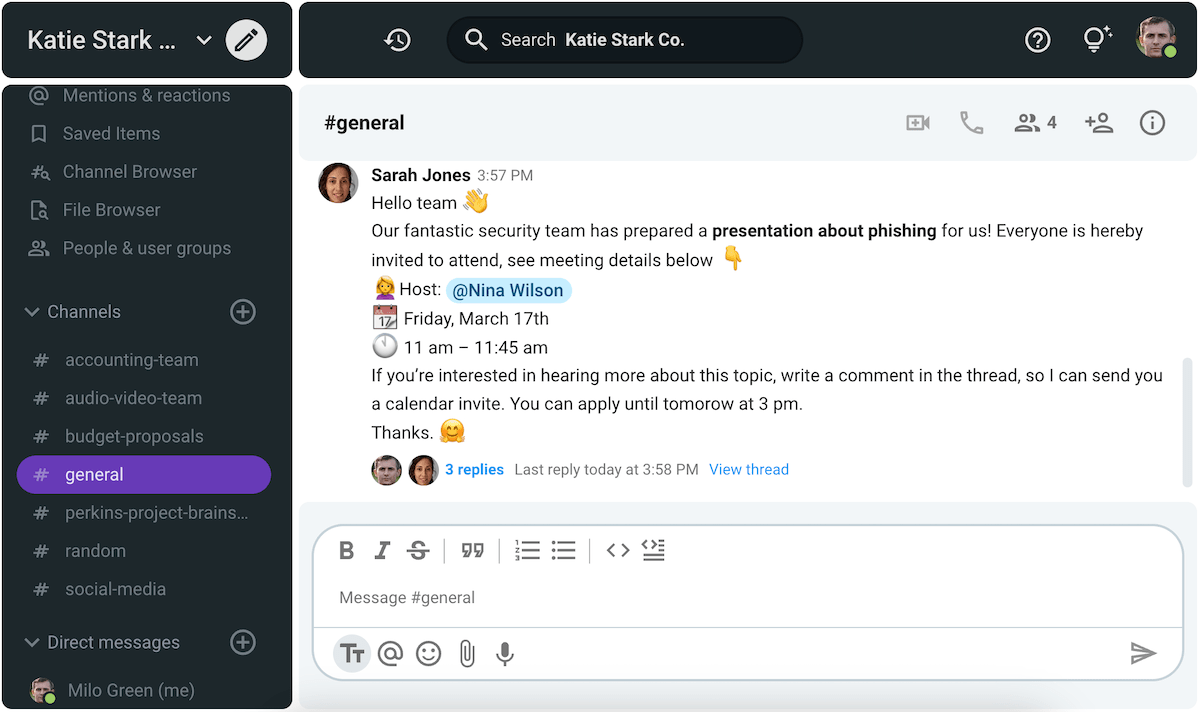 Sarah has asked people who want to receive a calendar invite to respond in a thread on Pumble, a business messaging app