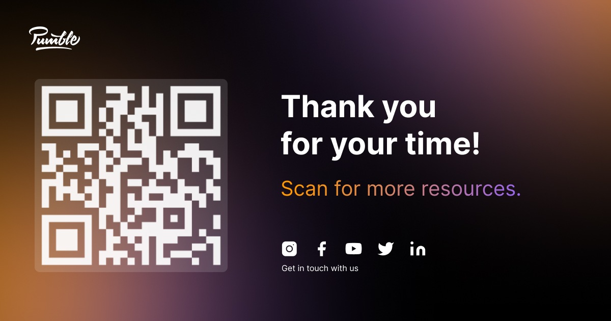 This “thank you” slide features a QR code leading to more resources and prompts the audience to find the speaker on various social media platforms
