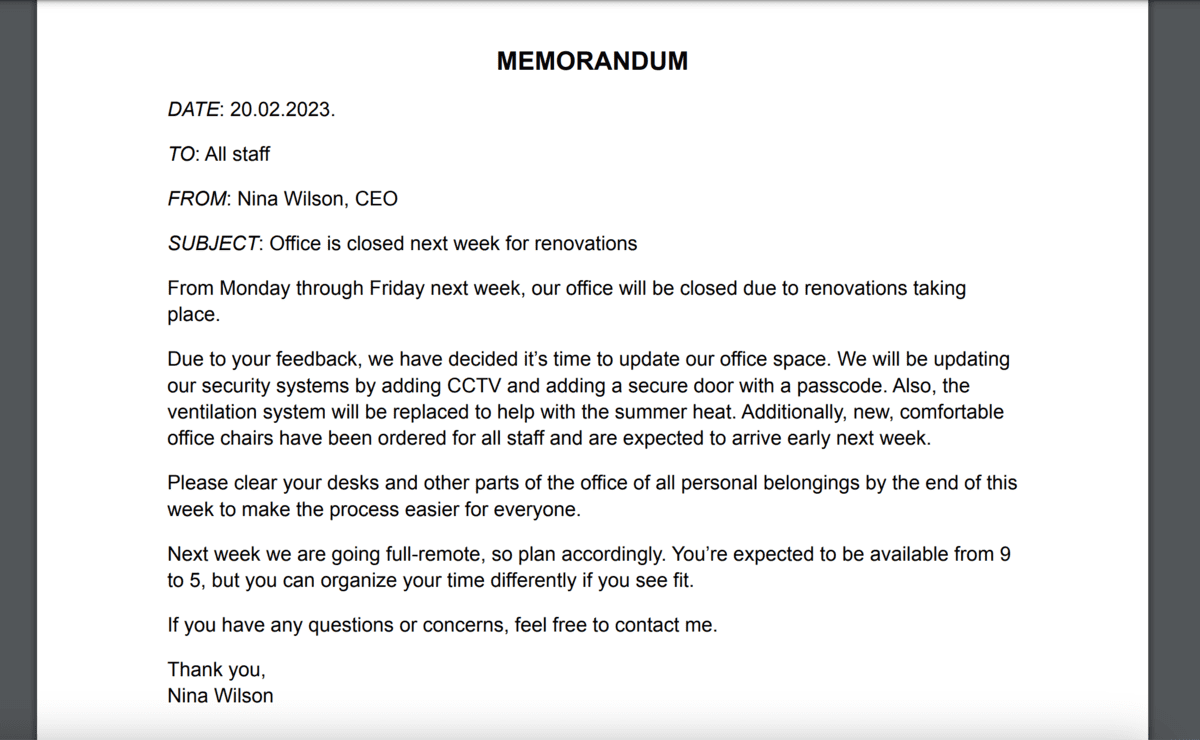 Example of a business memo sent via email