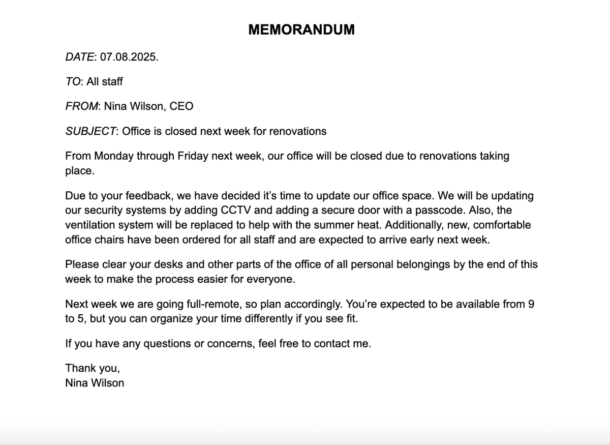 Example of a business memo sent via email