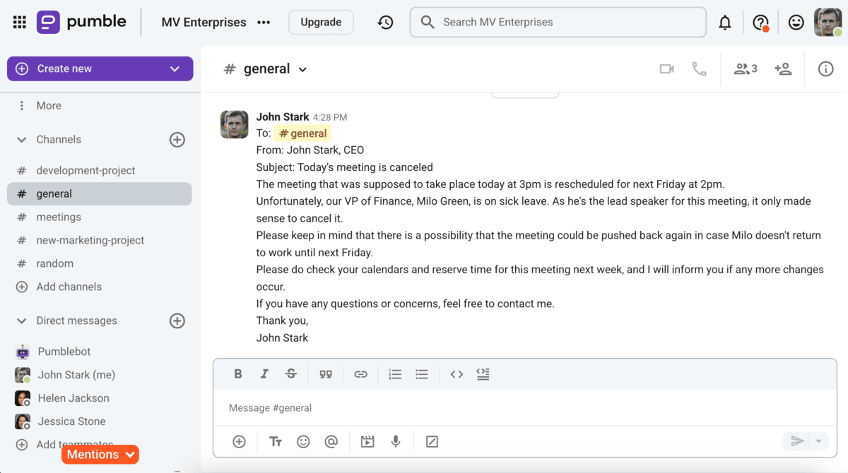 Example of a business memo in Pumble, a team messaging app