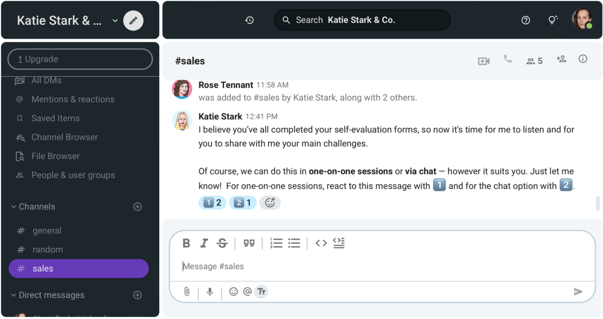 Katie is offering her teammates two options for sharing their challenges with her in Pumble, a business messaging platform
