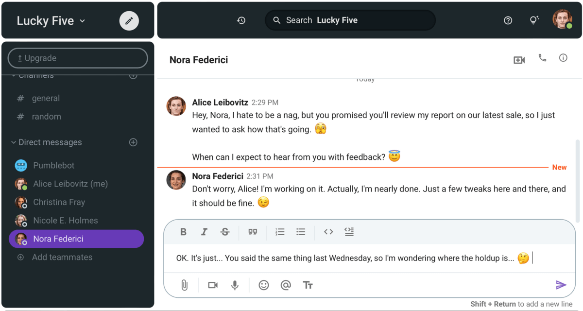 Nora pretending to be helpful in Pumble, a business messaging platform