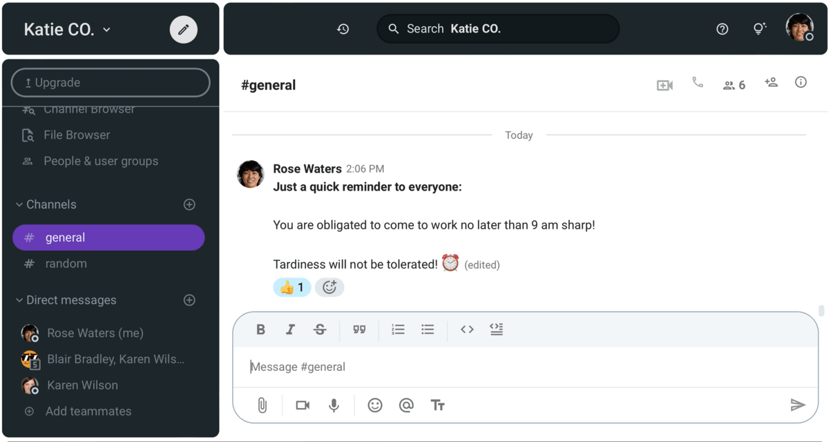 Rose reminding everyone not to be late in Pumble, a business messaging platform