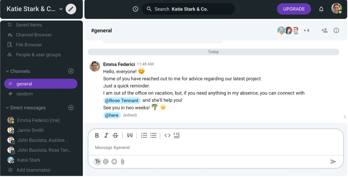 Sending an out-of-office message in Pumble, a team communication app