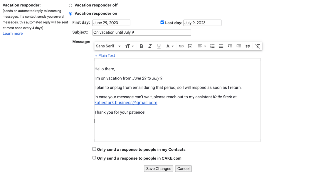 Setting up an out-of-office message in Gmail