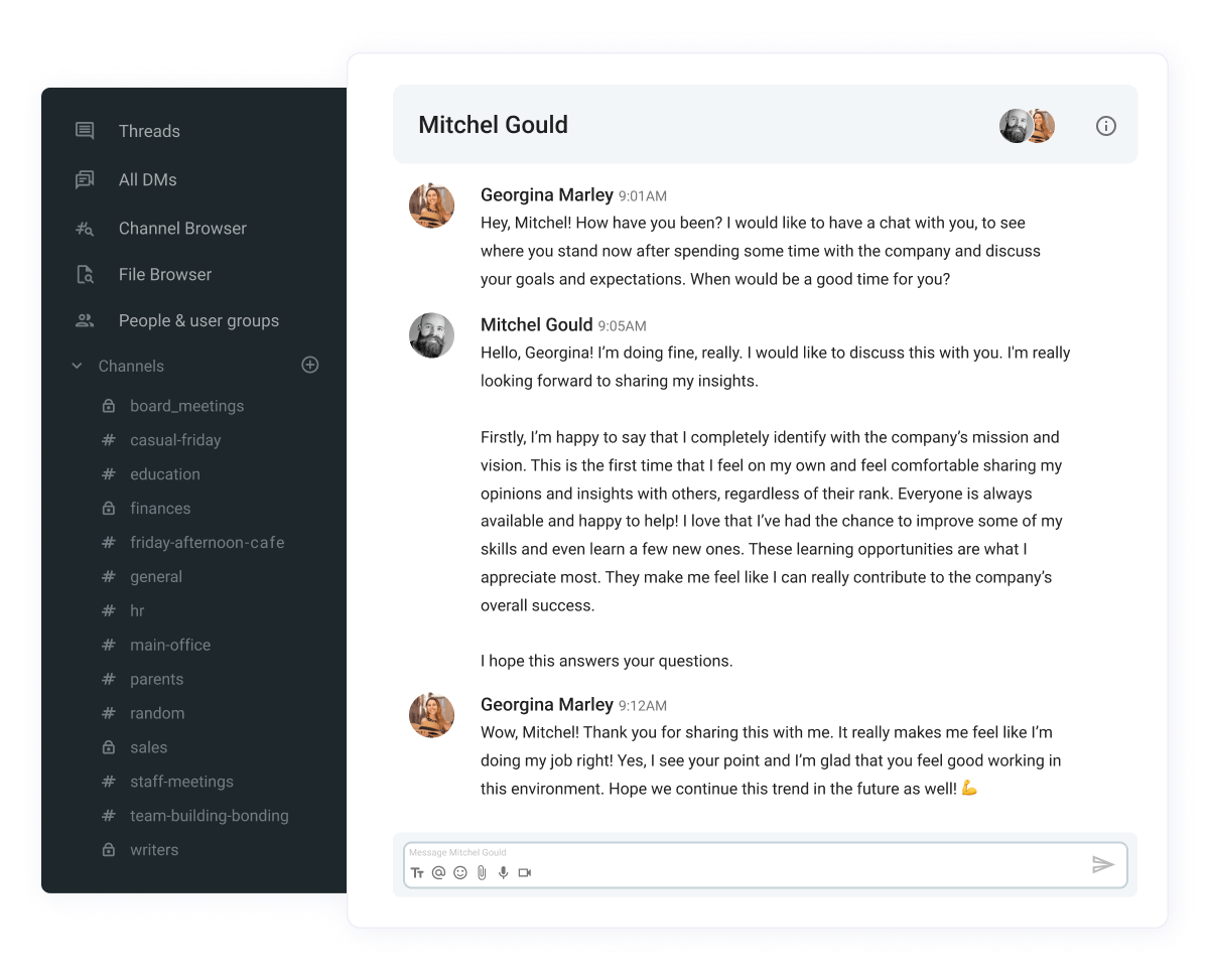 Communicating goals and expectations in Pumble, a business messaging app
