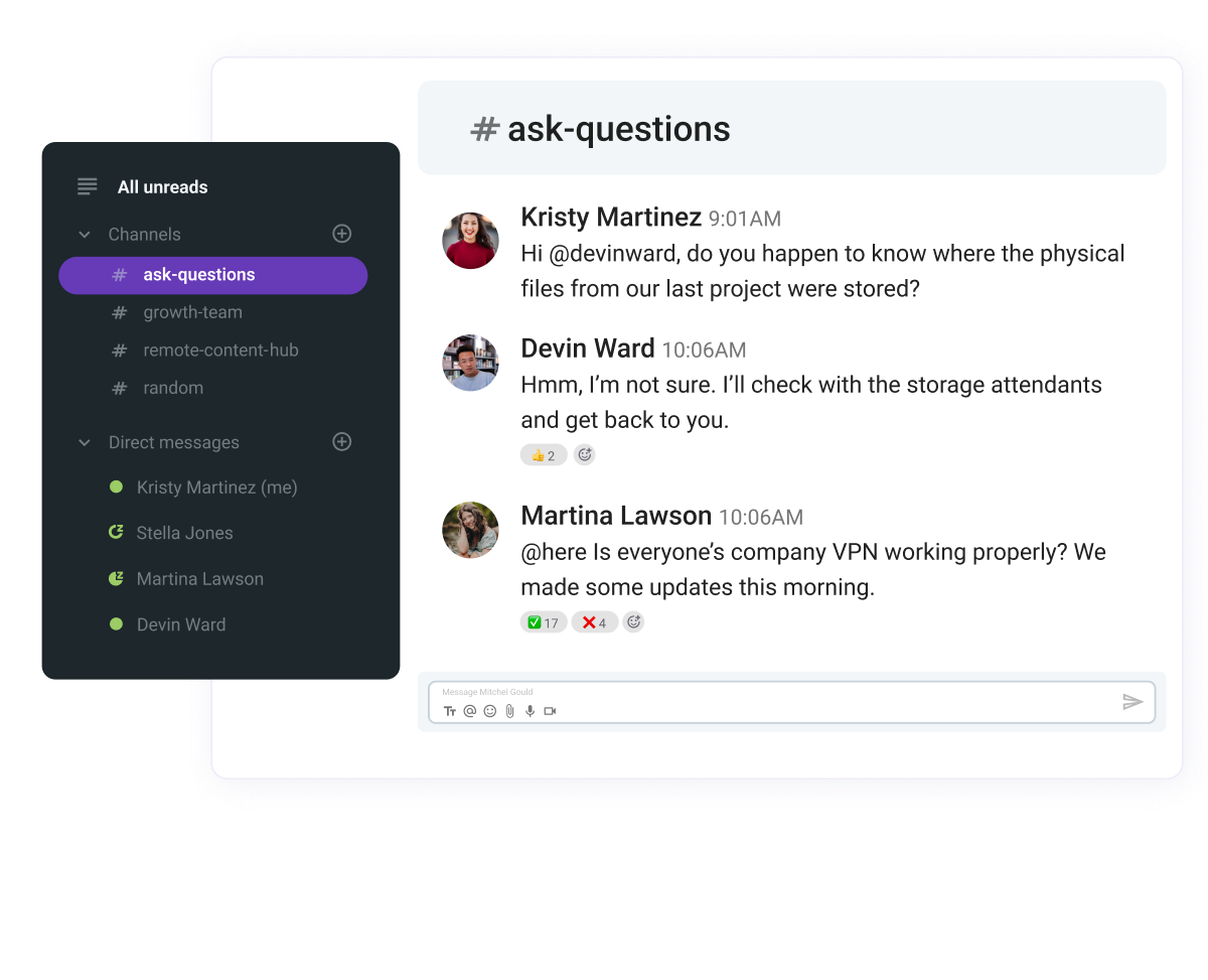 To make it easier for employees to ask questions, you can create an “ask-questions” channel in Pumble
